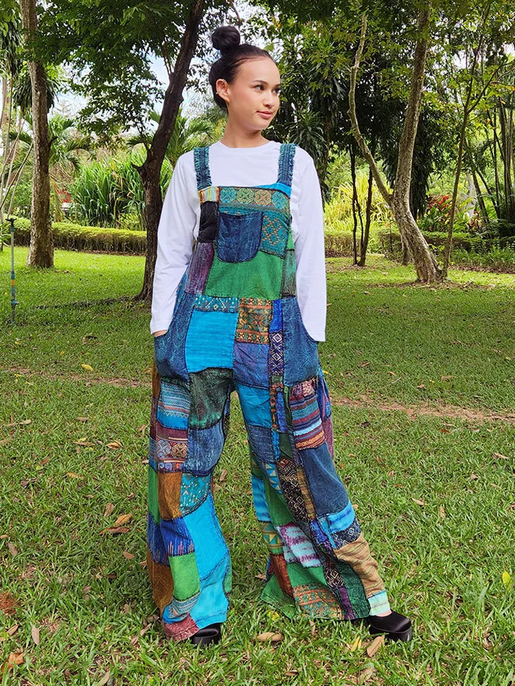 Bohemian Brown Wide-Leg Patchwork Overall Jumpsuit