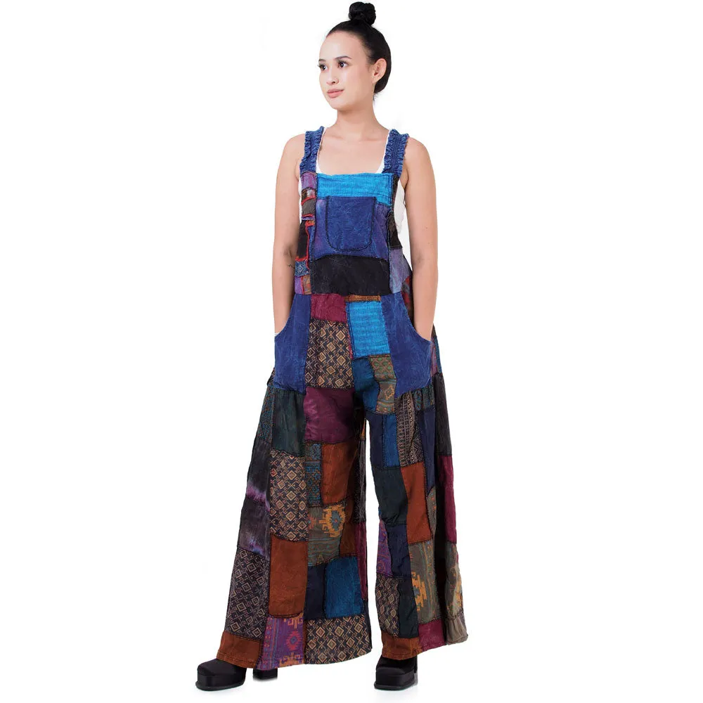 Bohemian Brown Wide-Leg Patchwork Overall Jumpsuit
