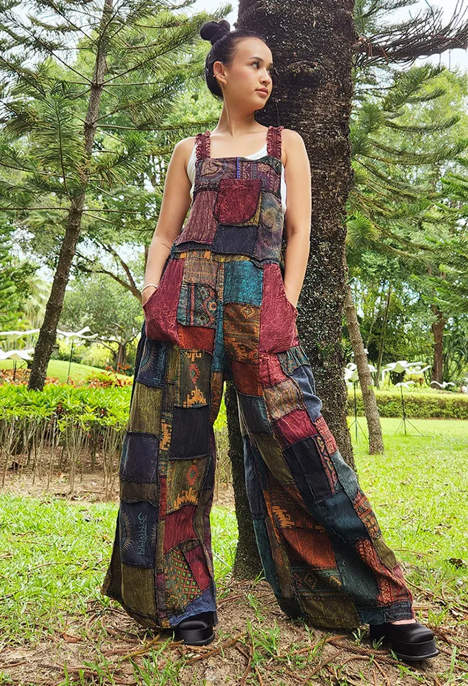 Bohemian Brown Wide-Leg Patchwork Overall Jumpsuit