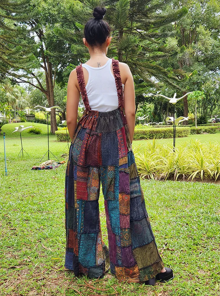 Bohemian Brown Wide-Leg Patchwork Overall Jumpsuit