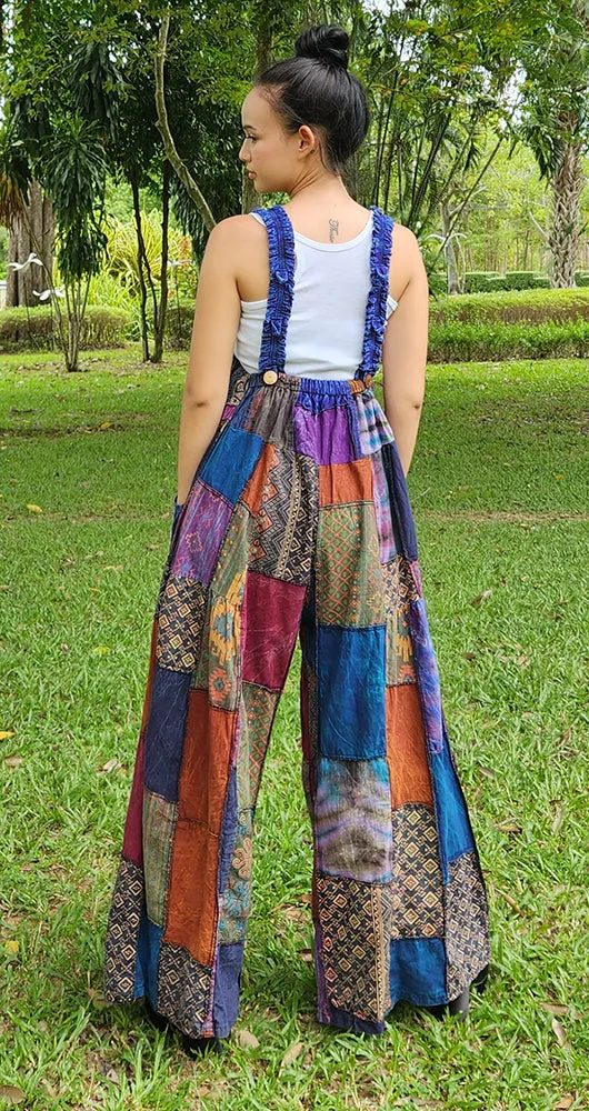 Bohemian Brown Wide-Leg Patchwork Overall Jumpsuit