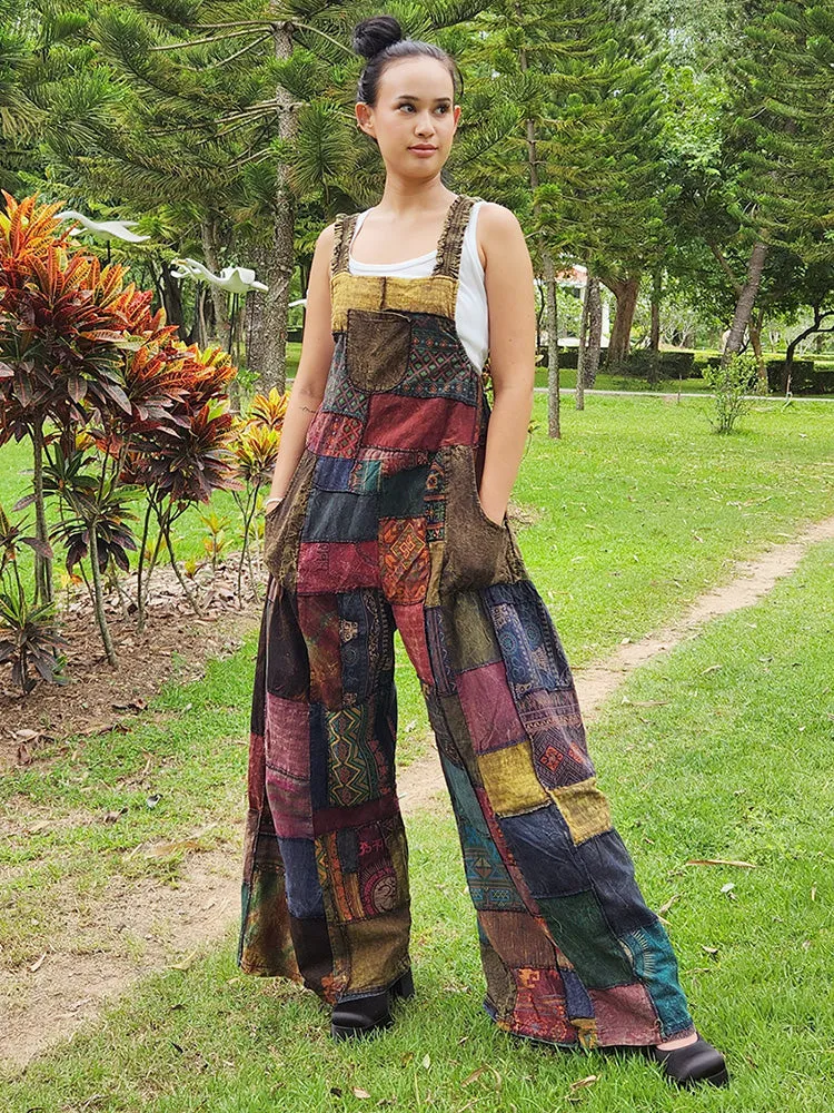 Bohemian Brown Wide-Leg Patchwork Overall Jumpsuit