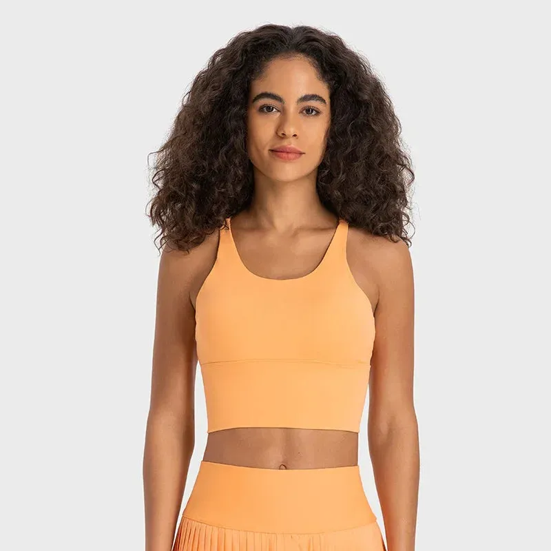 Bonnyshow Buttery Soft Strappy Back Sports Bras Padded Crisscross Backless U-neck Cropped Yoga Bras Workout Clothes for Women Gym Tank Top