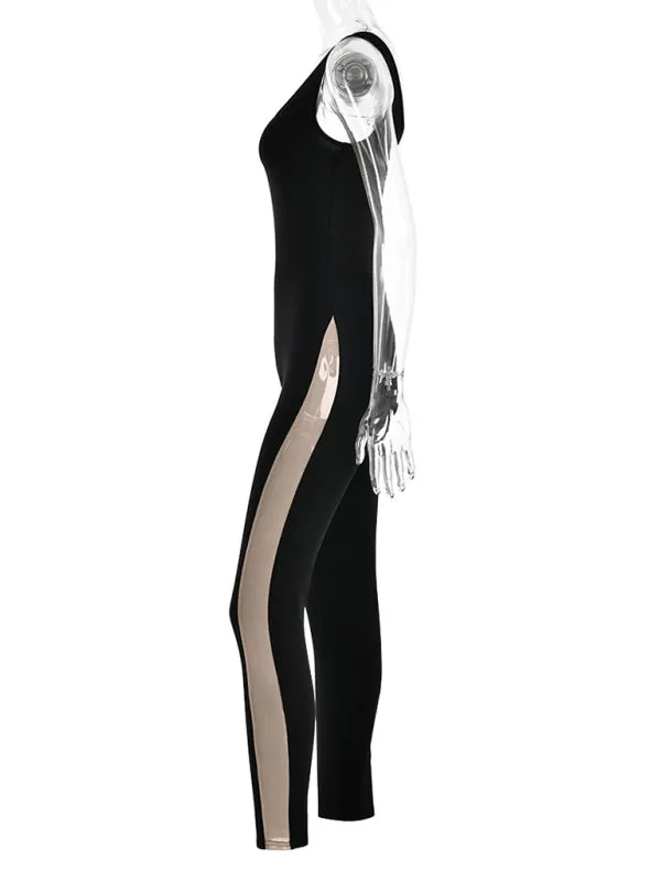 Full-Length Mesh Accented Jumpsuit - Solid Sleeveless Playsuit