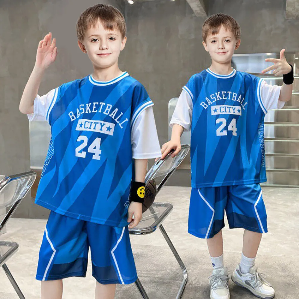 Kids Basketball Jersey Retro Bball Shirt and Shorts Childrens Basketball Kit in Blue Red