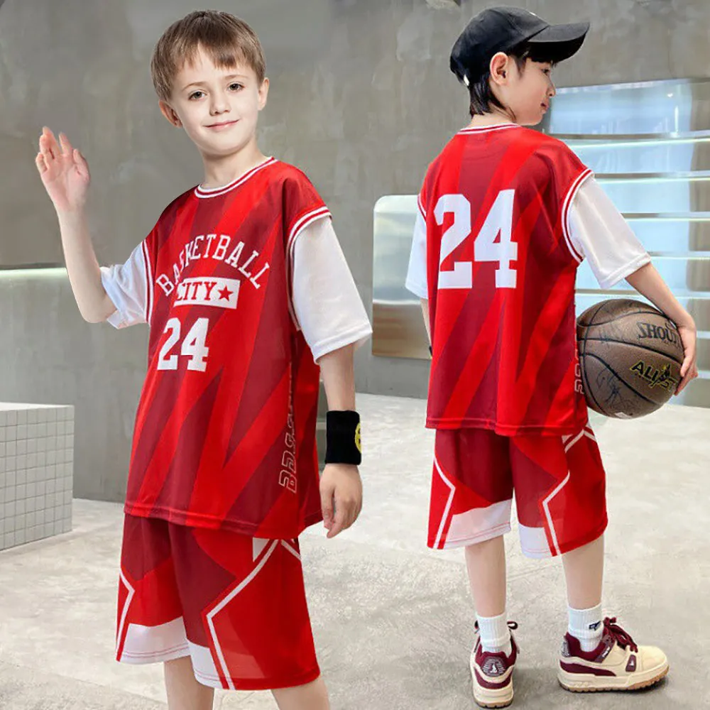 Kids Basketball Jersey Retro Bball Shirt and Shorts Childrens Basketball Kit in Blue Red