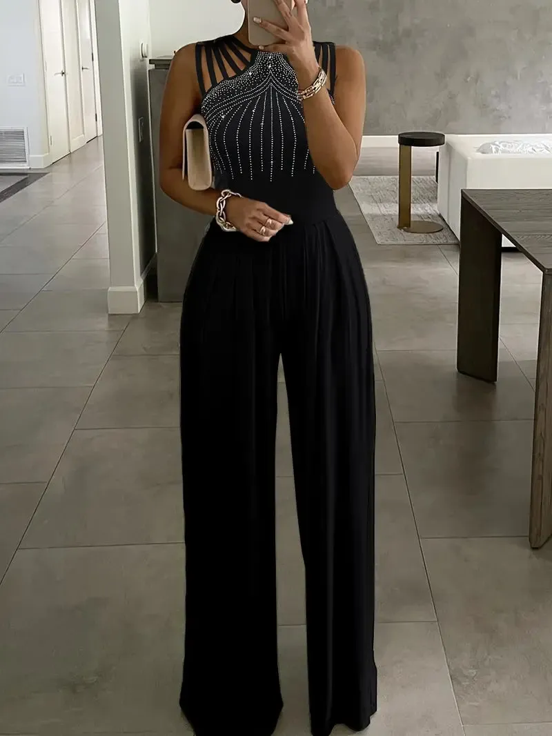NEW Glitter Rhinestone Criss Cross Jumpsuit, Elegant Wide Leg Sleeveless Tank Jumpsuit For Spring & Summer, Women's Clothing, Black, Sz L, Retails $91