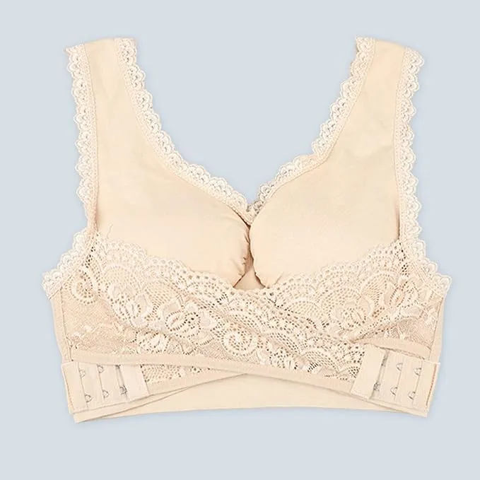 New Women Comfort Wireless Lace Lift Bra Classic Front Cross Side Buckle Yoga Sports Lace Bra, Beige, Sz S