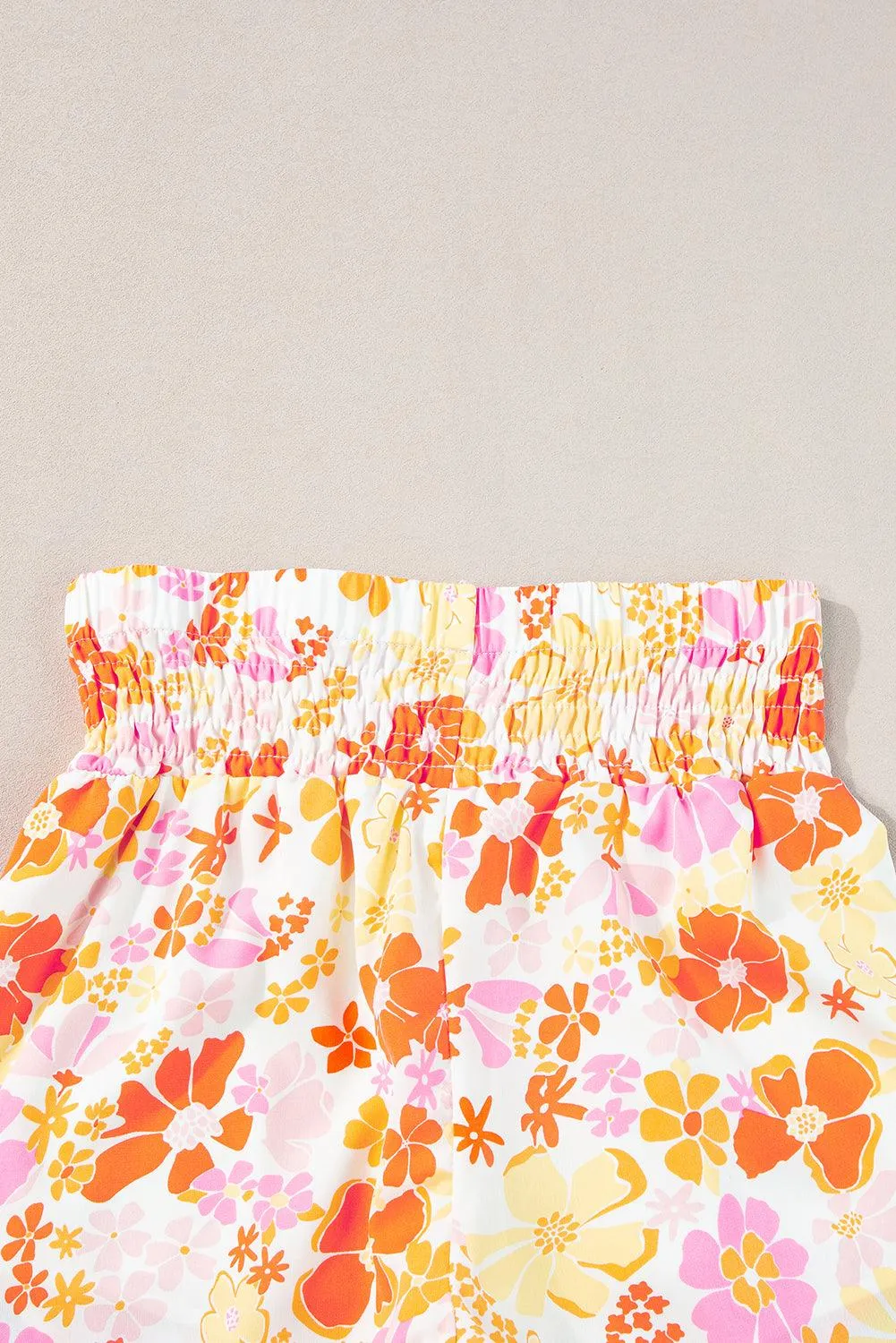 Orange Retro Floral Shirred High Waist Athletic Shorts