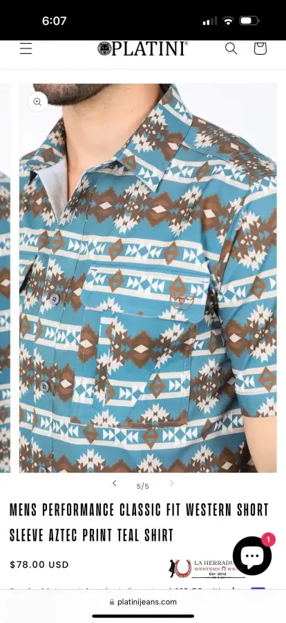 Platini Mens Performance Classic Fit Western Short Sleeve Aztec Print Teal Shirt