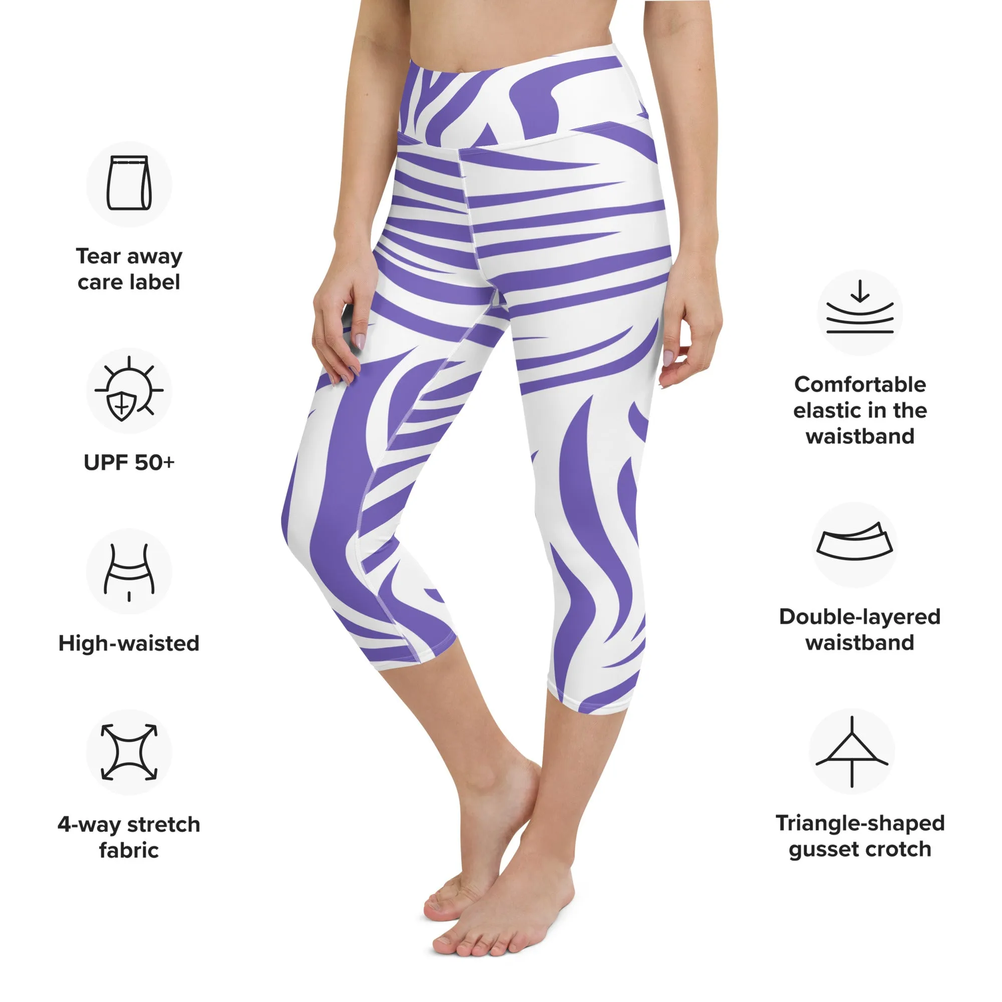 Purple and White Zebra Print Yoga Capri Leggings | Fitness Capri Leggings, lioness-love