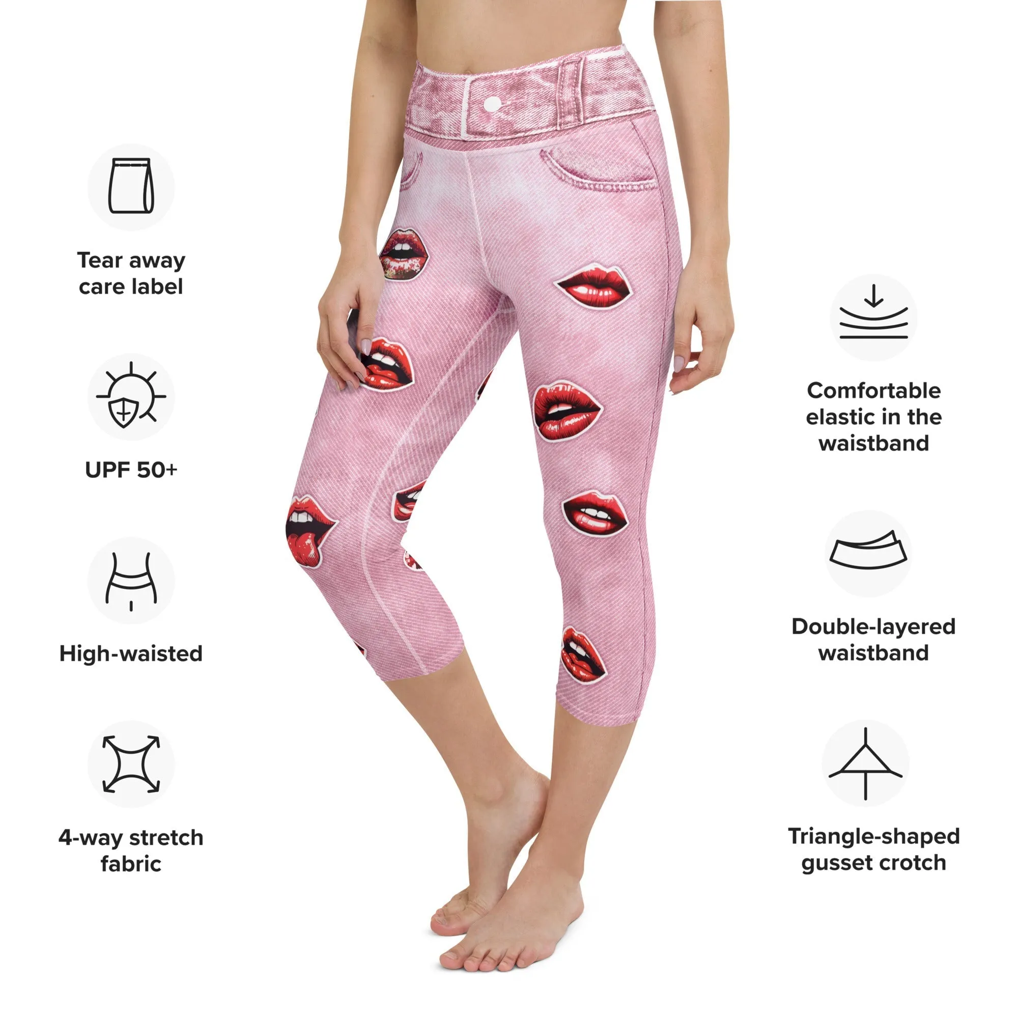 Valentine Lips Denim Print Yoga Capris