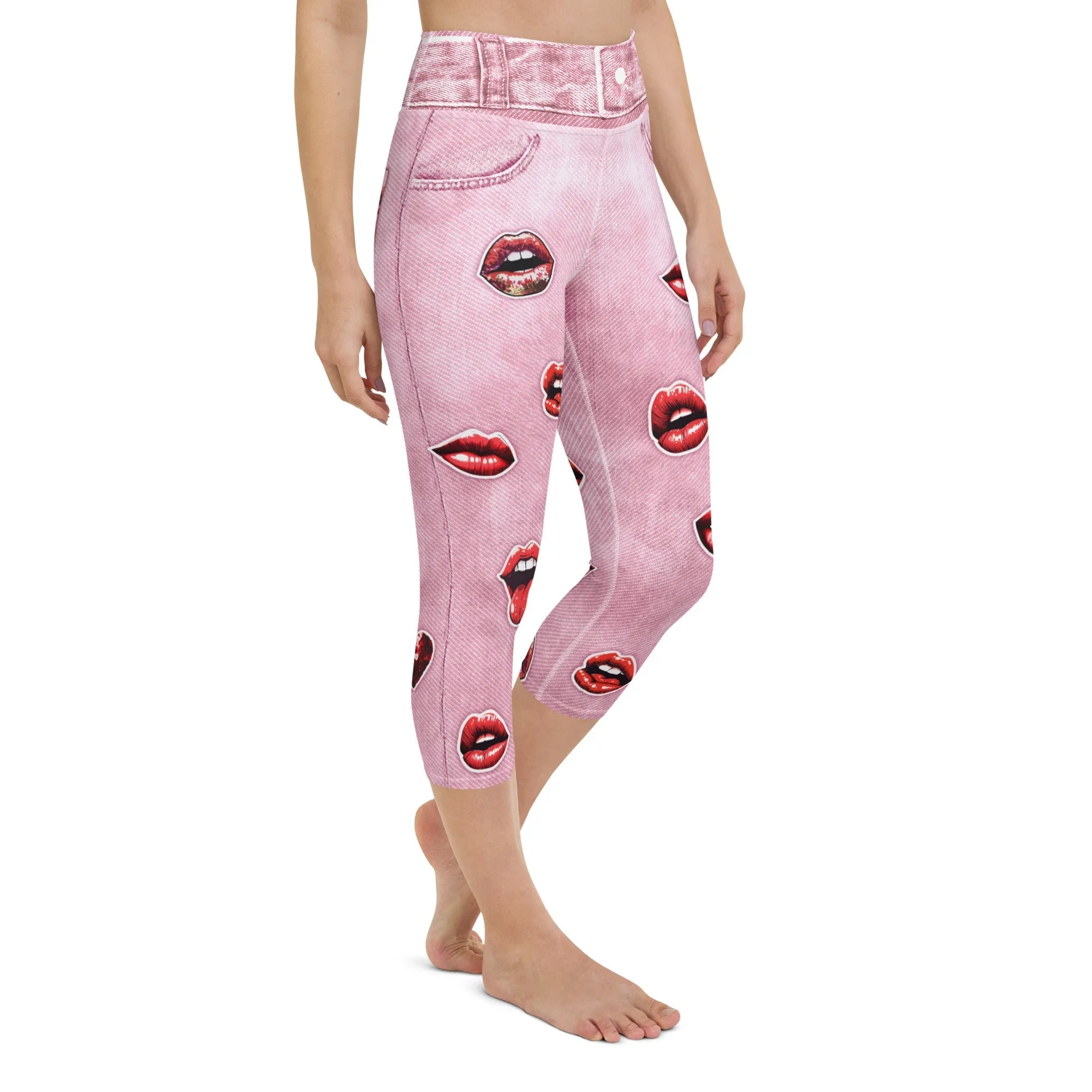 Valentine Lips Denim Print Yoga Capris