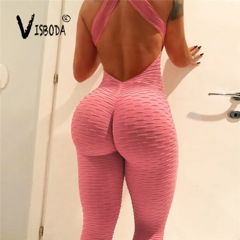Women Sexy Pink Bodycon Jumpsuit Fitness Bandage Backless Bodysuit Chic Fashion Summer Female Stretch Workout Push Up Jumpsuit