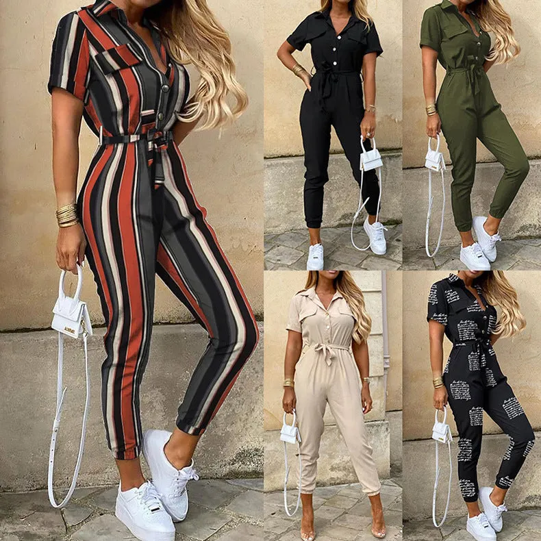 Women Short Sleeve Buttoned Jumpsuit Casual Wrap Drawstring Waist Romper Long Pants