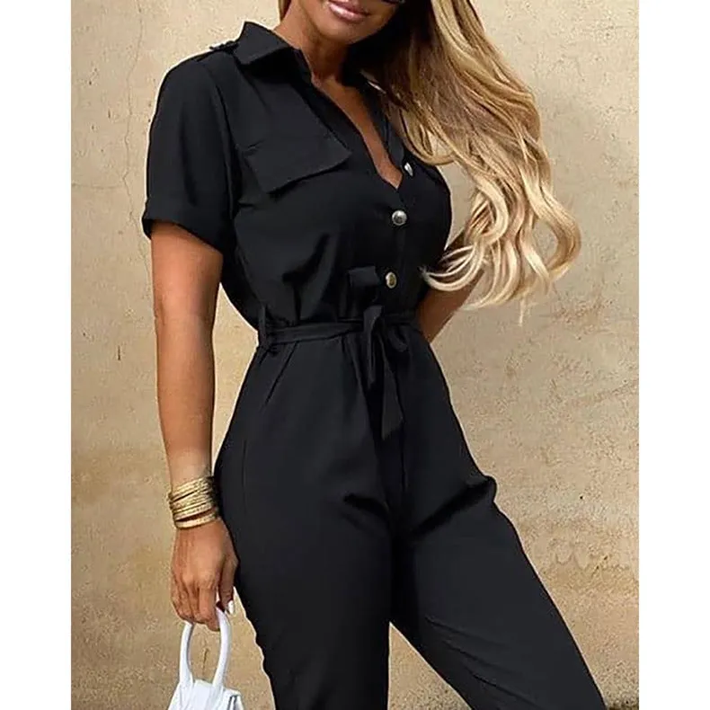 Women Short Sleeve Buttoned Jumpsuit Casual Wrap Drawstring Waist Romper Long Pants