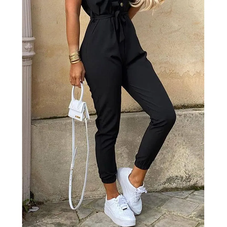Women Short Sleeve Buttoned Jumpsuit Casual Wrap Drawstring Waist Romper Long Pants