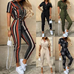 Women Short Sleeve Buttoned Jumpsuit Casual Wrap Drawstring Waist Romper Long Pants