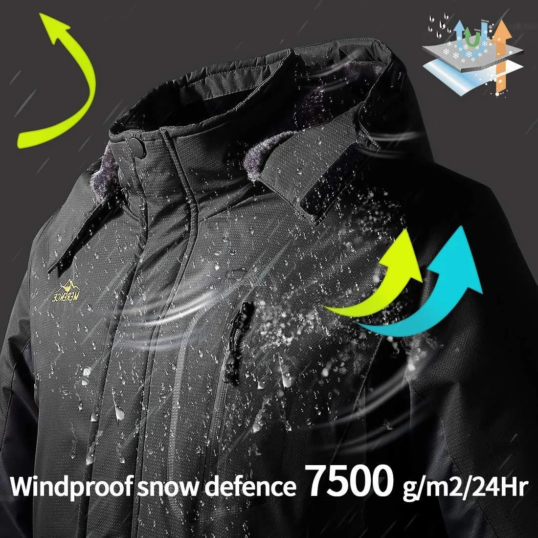 Women's Mountain Waterproof Ski Jacket Windproof Rain Jacket U419WCFY029,Black,L