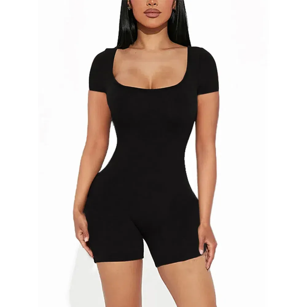 Women's Sexy Solid Short Sleeve Crew Neck Bodycon Jumpsuit
